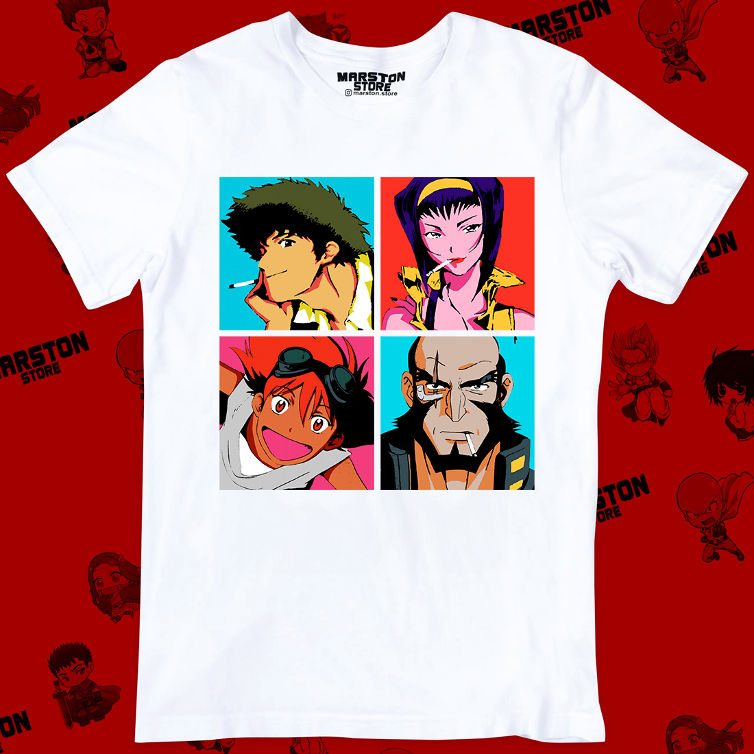 Polera blanca de Cowboy Bebop con Faye Valentine, Spike Spiegel, Ed y Jet Black