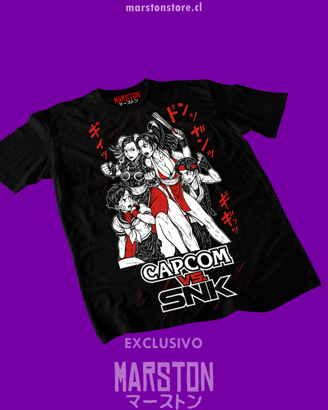 Polera negra Capcom vs. SNK con Chun-Li y Mai Shiranui
