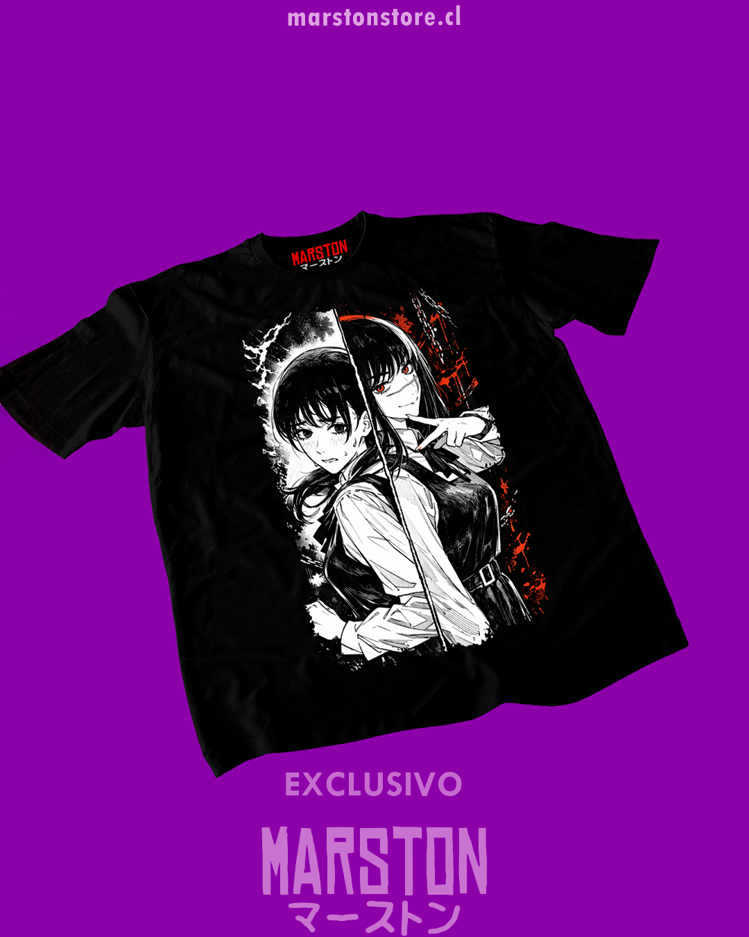 Polera negra Chainsaw Man con diseño de Asa Mitaka