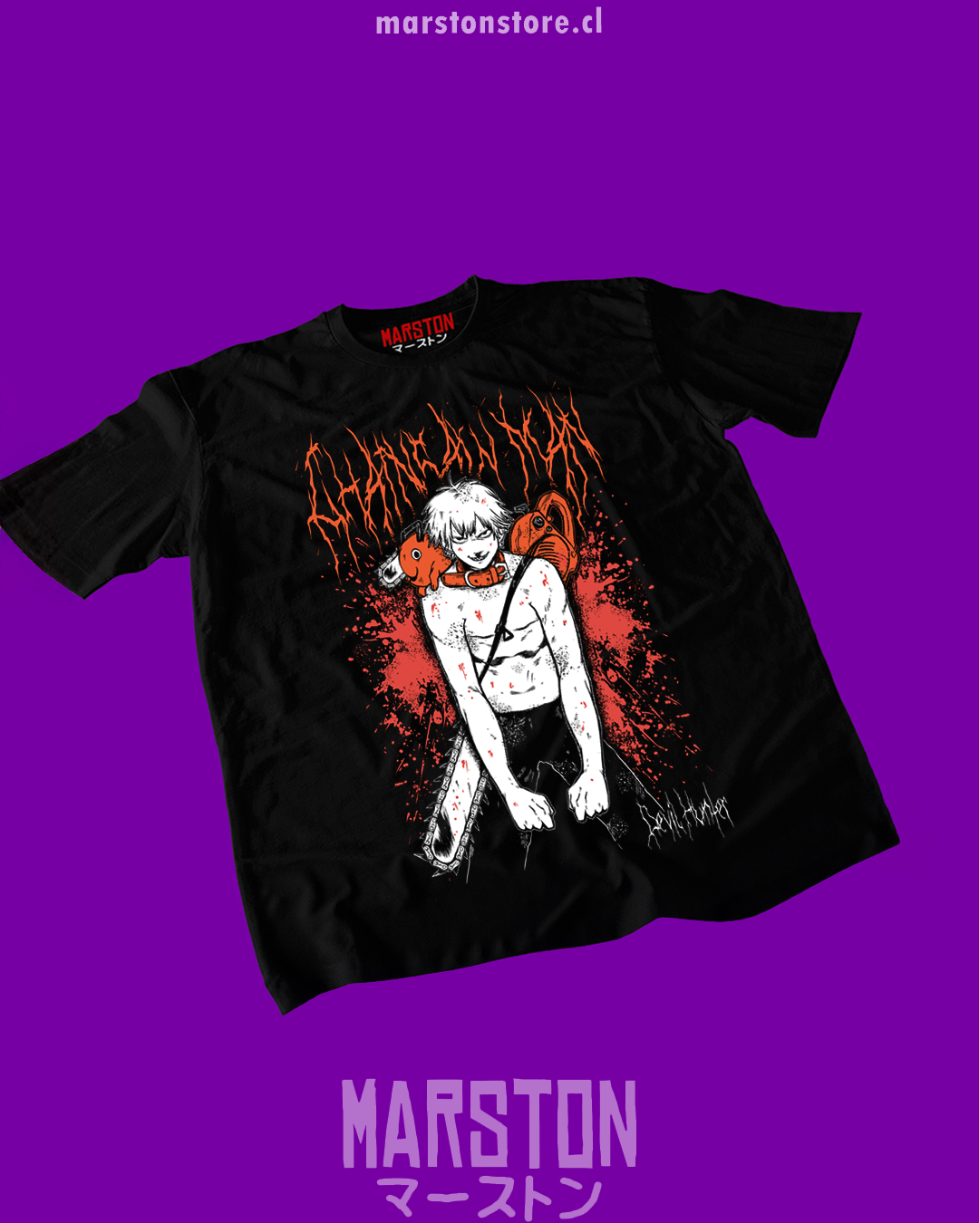 Polera negra Chainsaw Man con diseño de Denji