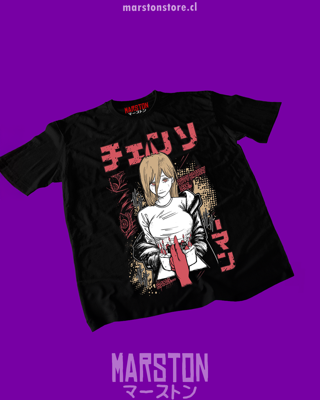 Polera negra Chainsaw Man con diseño de Power
