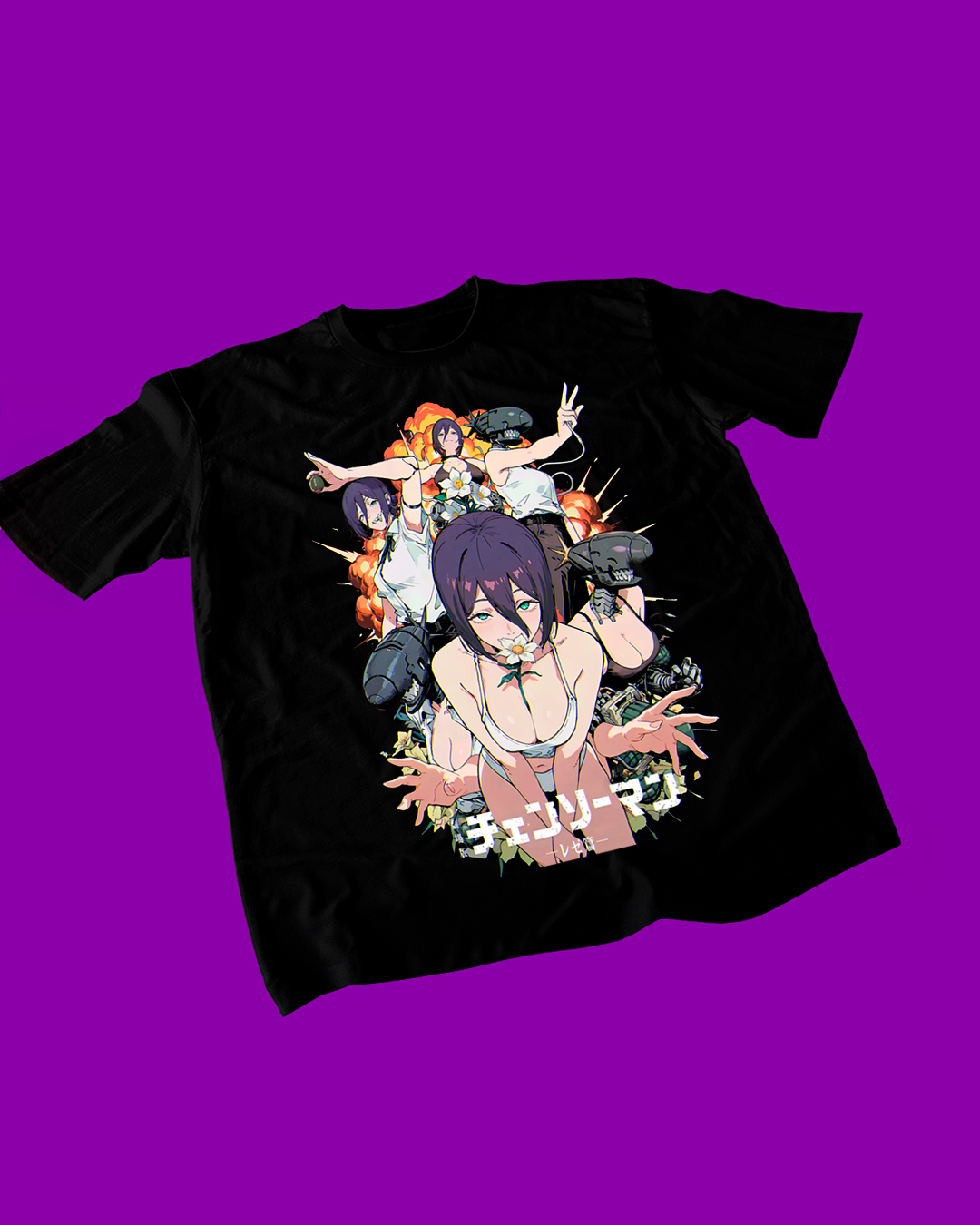 Polera negra Chainsaw Man con diseño de Reze