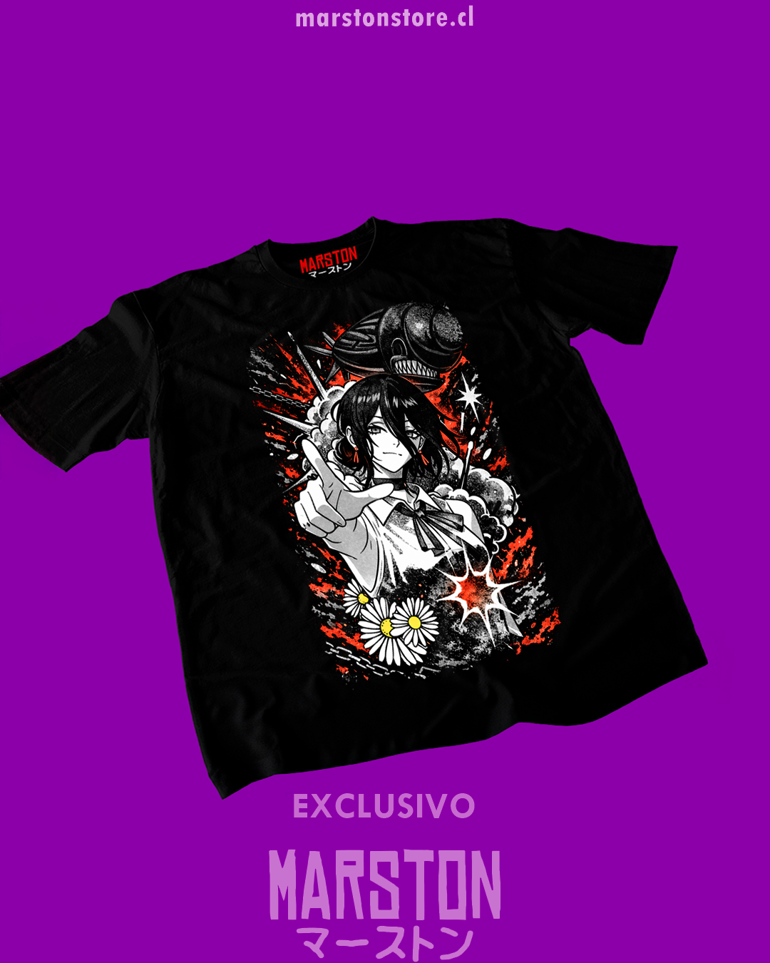 Polera negra Chainsaw Man con diseño de Reze