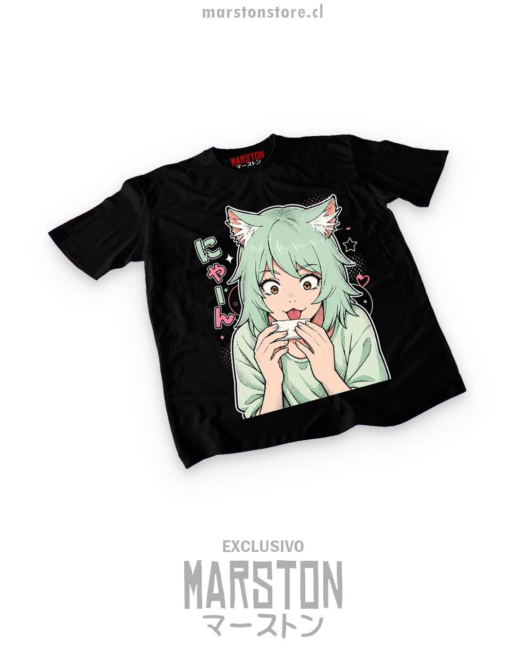 Polera negra Chainsmoker Cat con diseño de Aruko Sakai