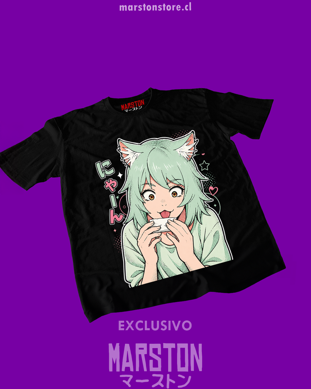 Polera negra Chainsmoker Cat con diseño de Aruko Sakai