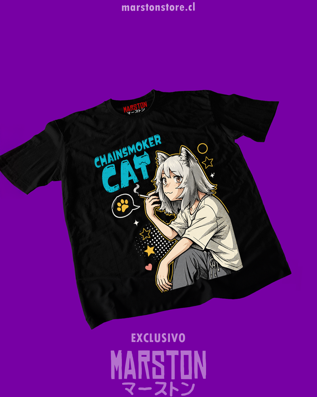Polera negra Chainsmoker Cat con diseño de Aruko Sakai
