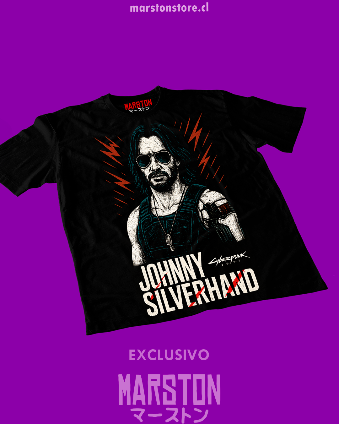 Polera negra de Cyberpunk 2077 con diseño de Johnny Silverhand