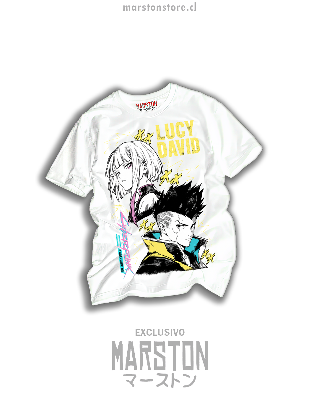 Polera blanca Cyberpunk Edgerunners con Lucy y David Martinez en diseño ilustrado de amarillo y cian
