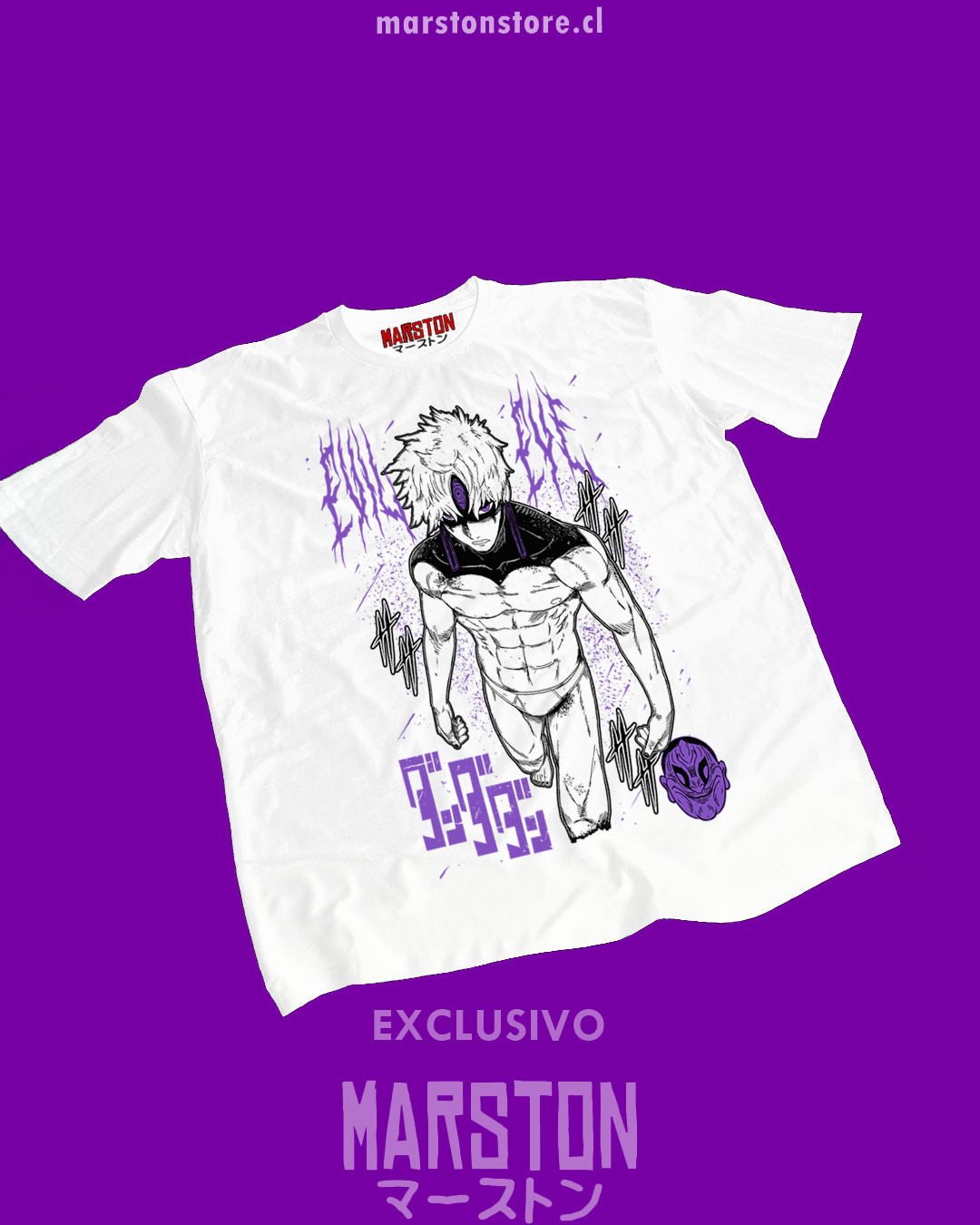 Polera blanca Dandadan con diseño de Evil Eye