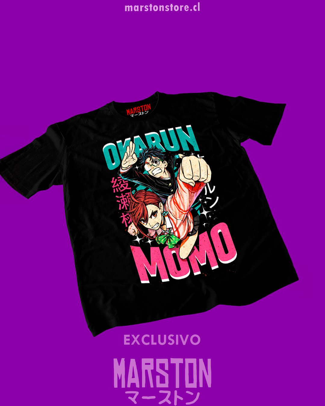 Polera negra Dandadan con Momo Ayase y Okarun