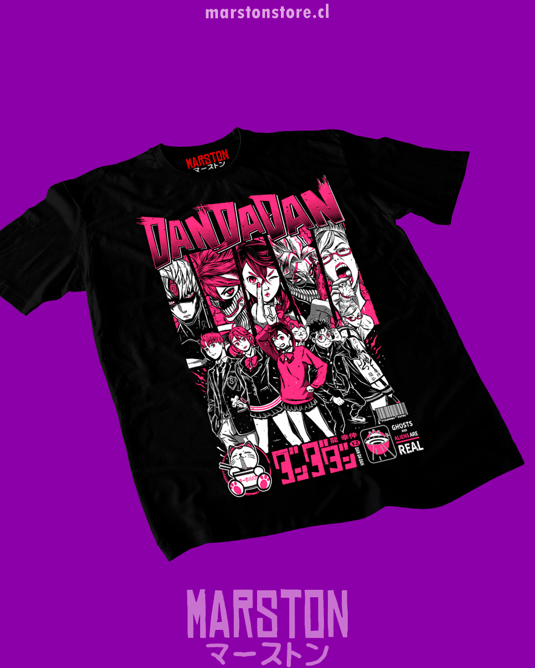 Polera negra Dandadan con Okarun, Momo Ayase y Turbo Abuela