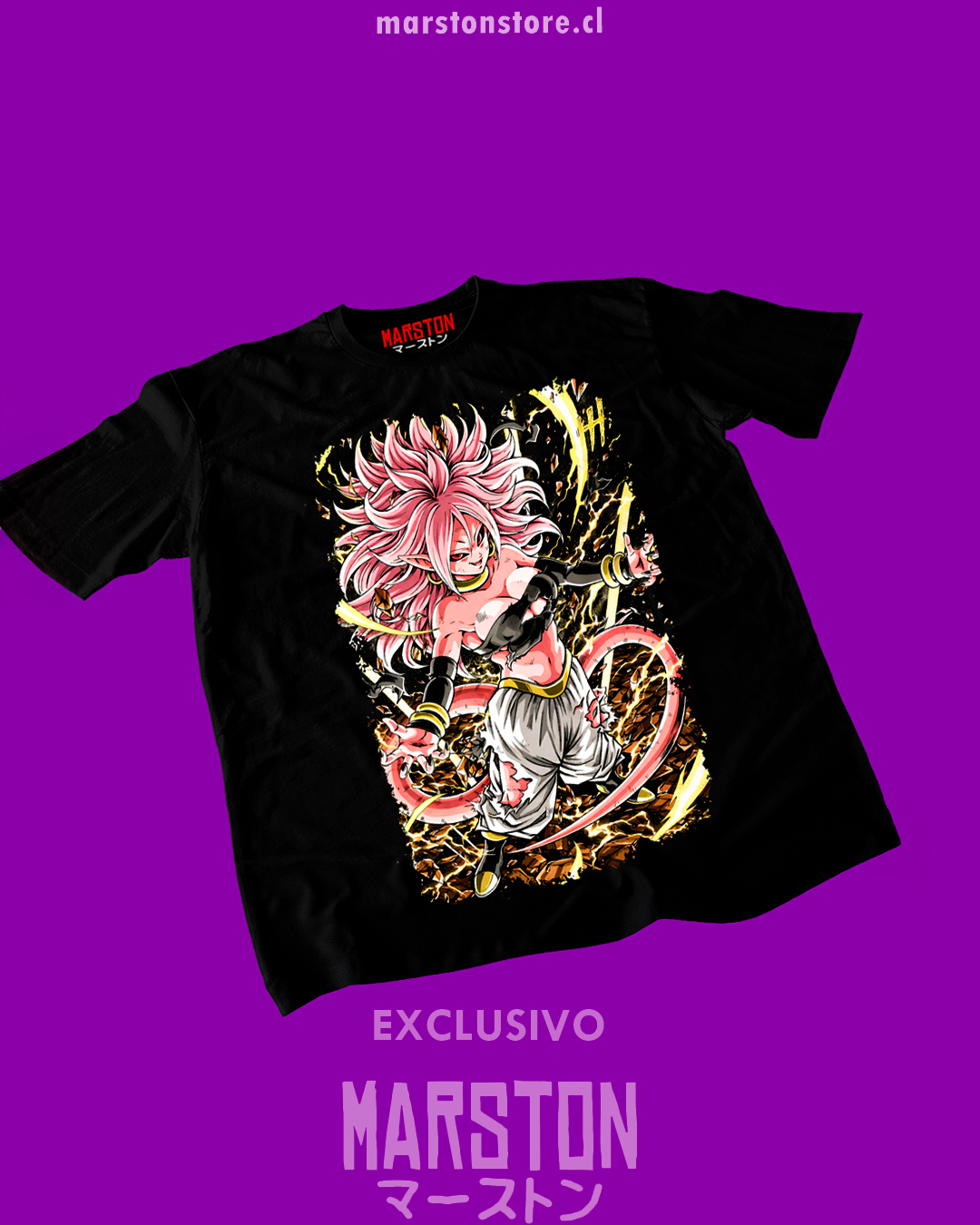 Polera negra Dragon Ball FighterZ con diseño de Androide 21
