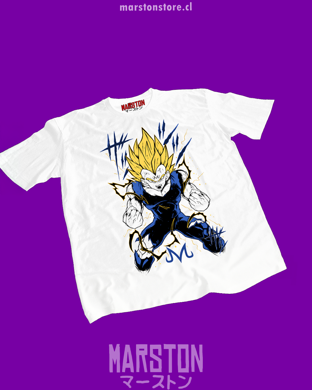 Polera blanca Dragon Ball Z con diseño de Majin Vegeta
