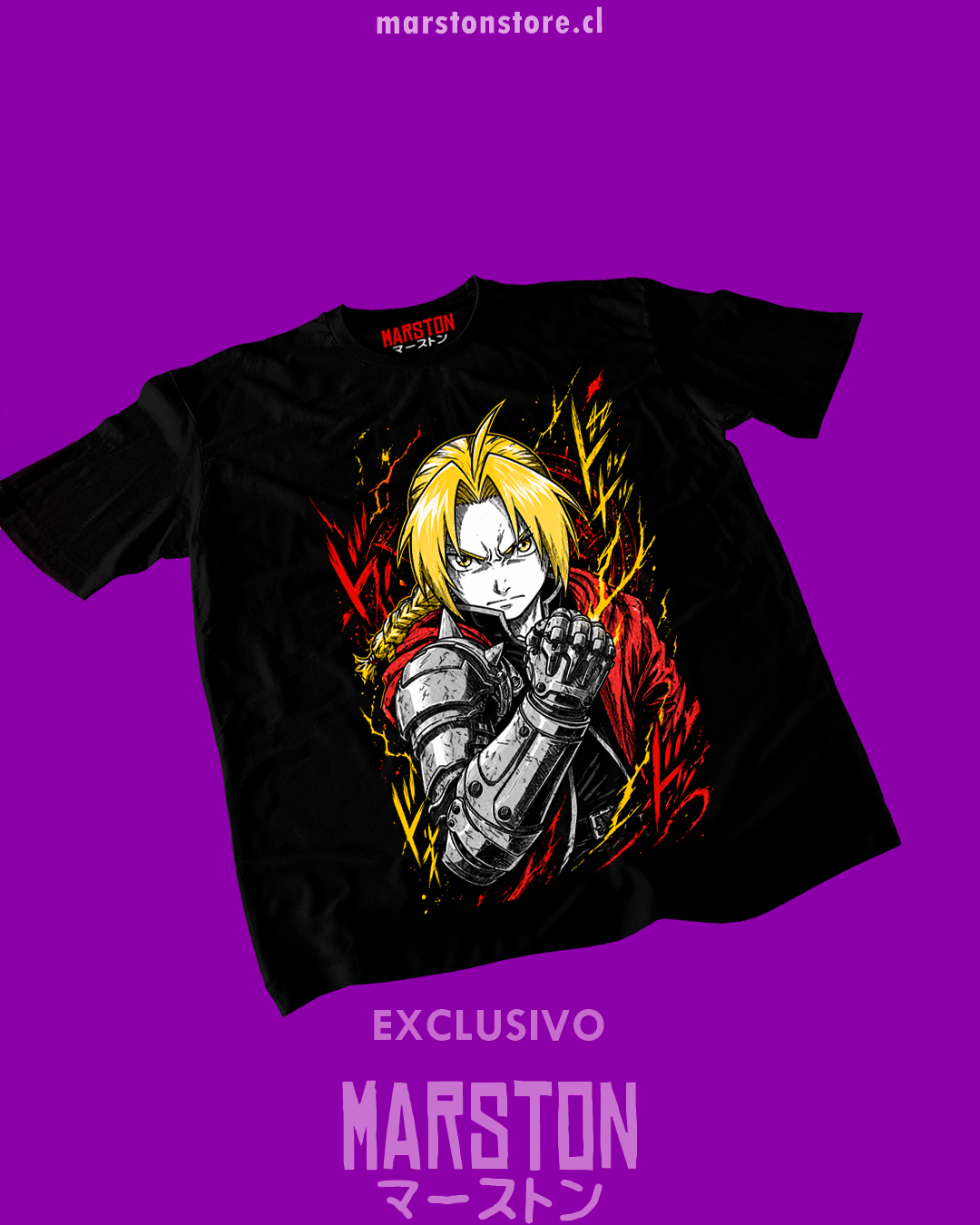 Polera negra Fullmetal Alchemist con diseño de Edward Elric