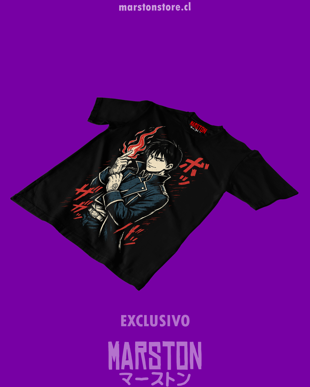 Polera negra Fullmetal Alchemist con diseño de Roy Mustang
