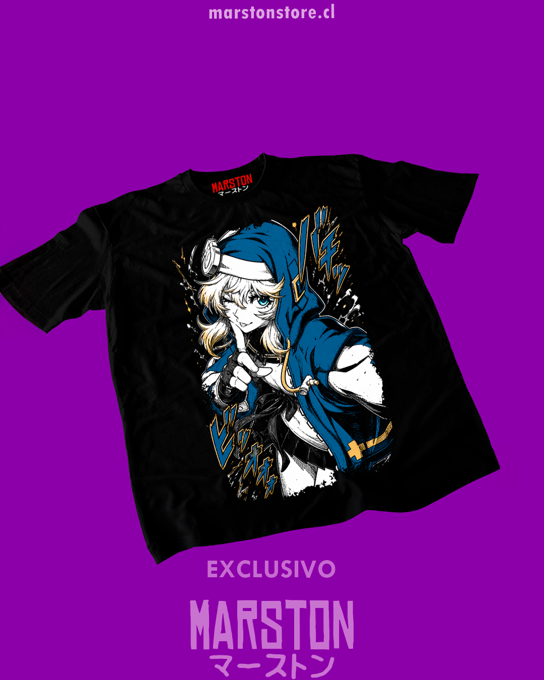 Polera negra Guilty Gear con diseño de Bridget