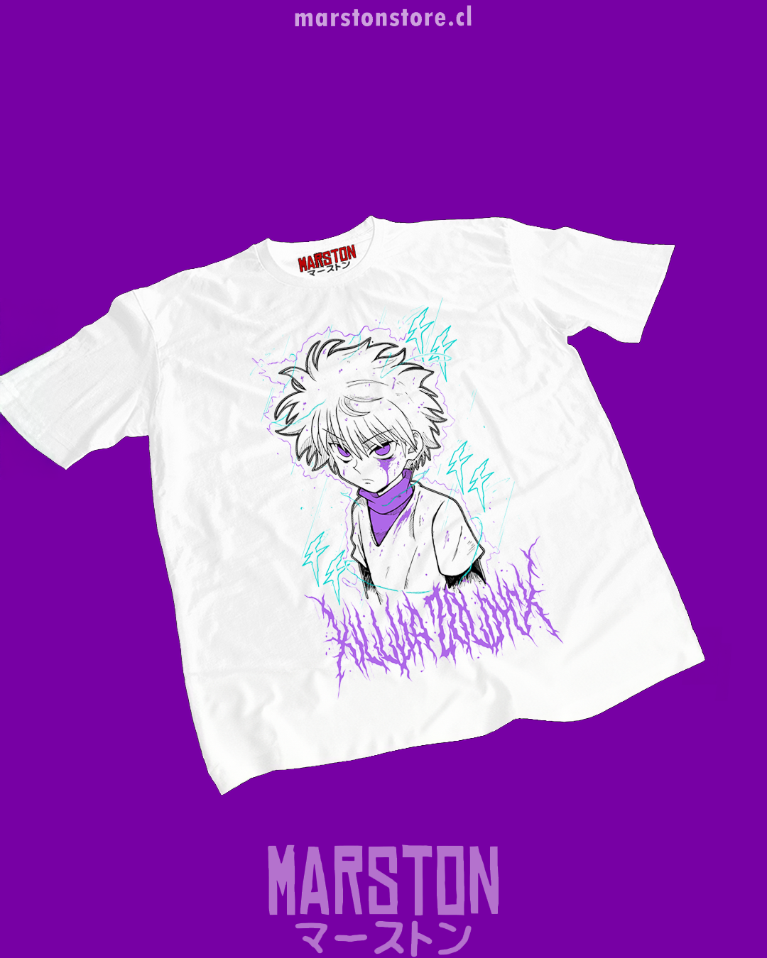 Polera blanca Hunter x Hunter con diseño de Killua Zoldyck