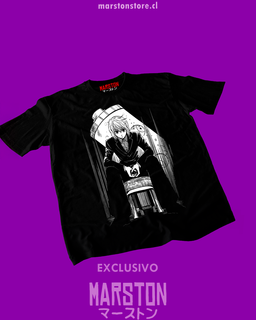 Polera negra Hunter x Hunter con diseño de Kurapika