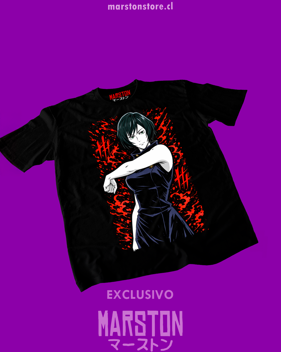 Polera negra Jujutsu Kaisen con diseño de Mai Zenin