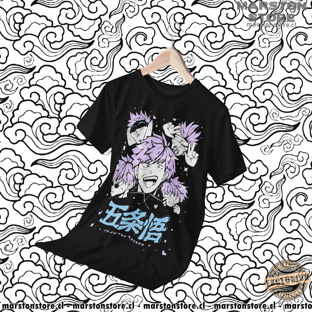 Polera negra Jujutsu Kaisen con diseño de Satoru Gojo