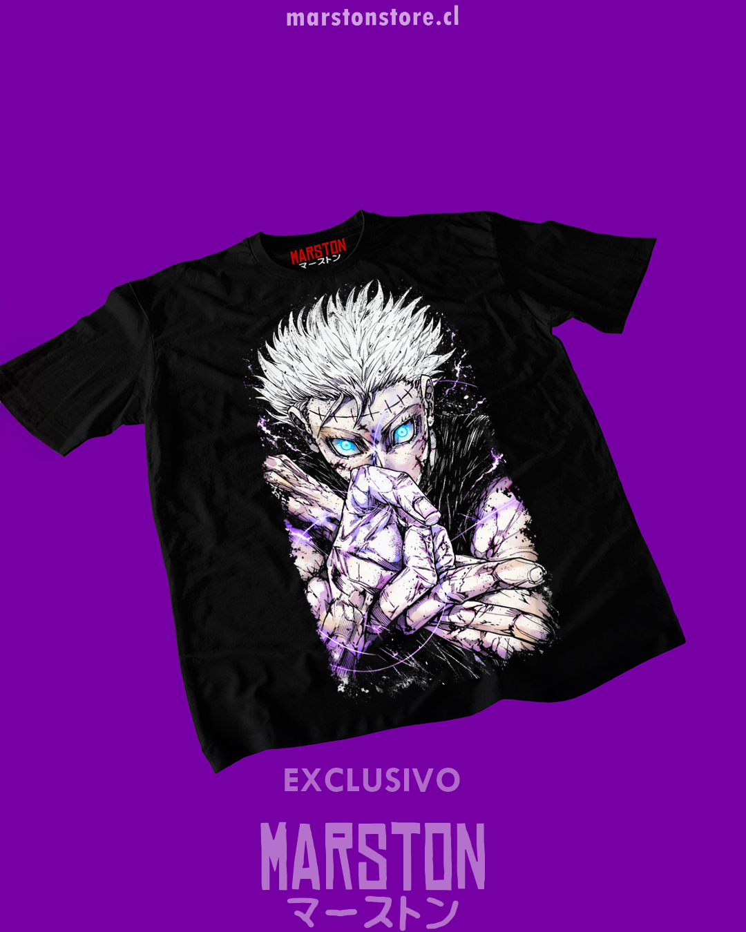 Polera negra Jujutsu Kaisen con diseño de Satoru Gojo