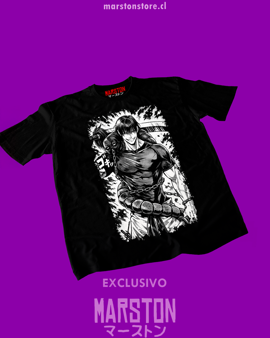 Polera negra Jujutsu Kaisen con diseño de Toji Fushiguro