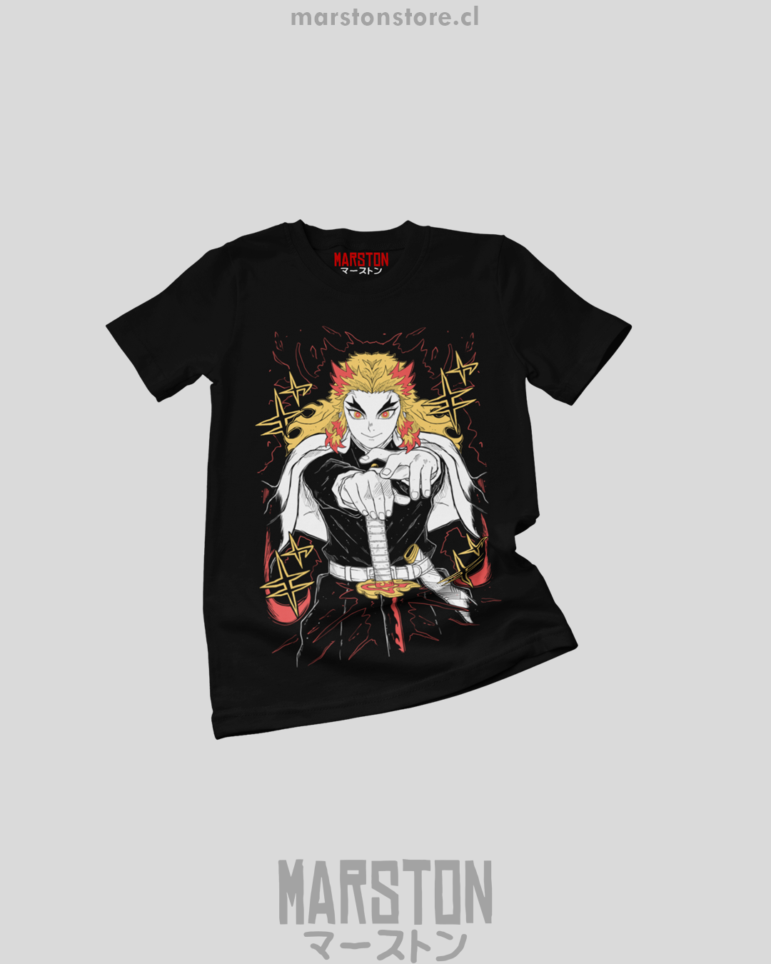 Polera negra Kimetsu no Yaiba Demon Slayer con diseño de Kyojuro Rengoku
