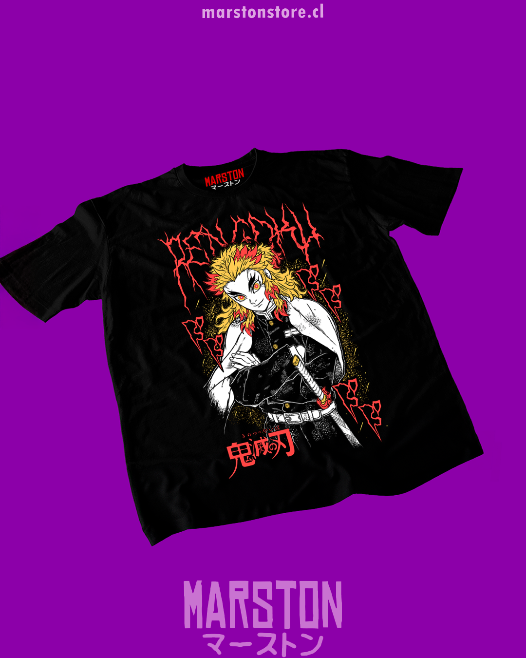 Polera negra Kimetsu no Yaiba Demon Slayer con diseño de Kyojuro Rengoku