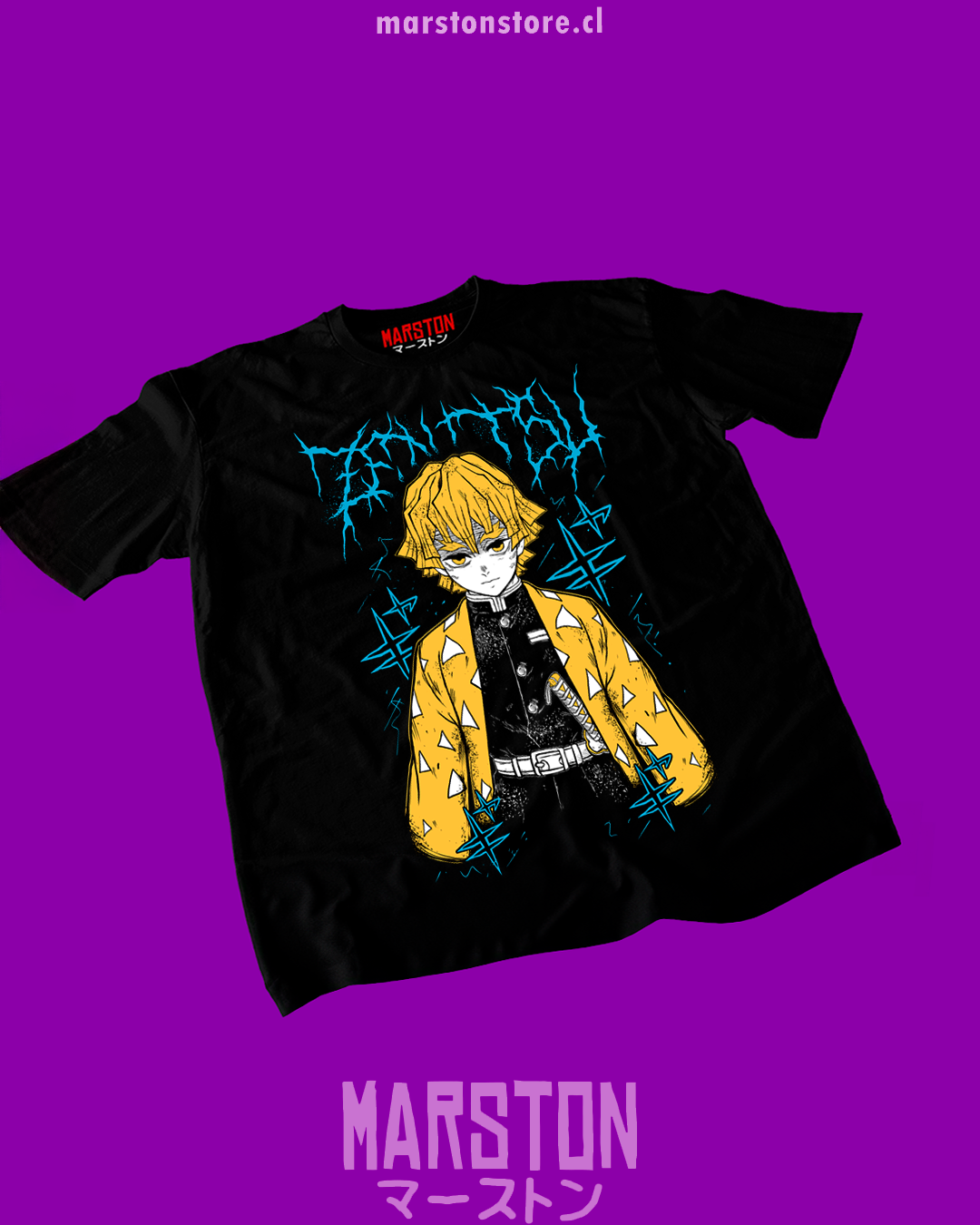 Polera negra Kimetsu no Yaiba Demon Slayer con diseño de Zenitsu Agatsuma