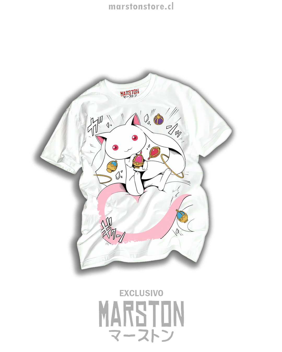 Polera blanca Puella Magi Madoka Magica con Kyubey y Soul Gems