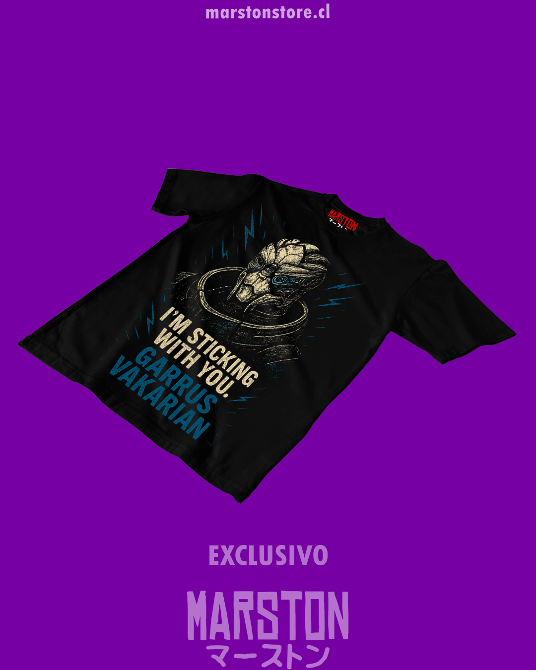 Polera negra Mass Effect con diseño de Garrus Vakarian