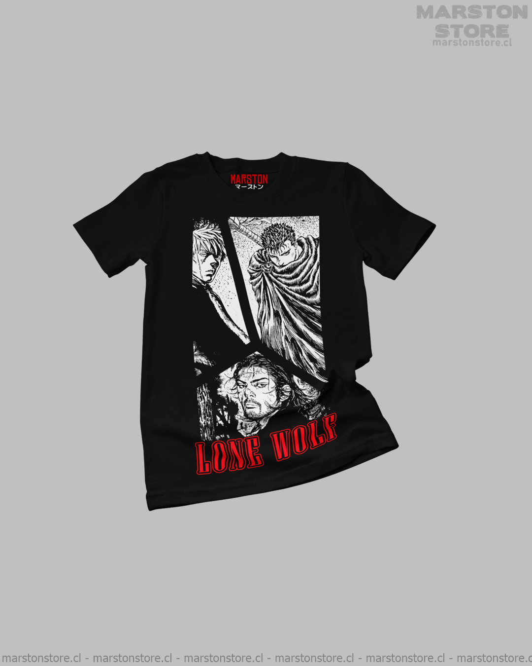 Polera negra crossover con Guts, Musashi y Thorfinn