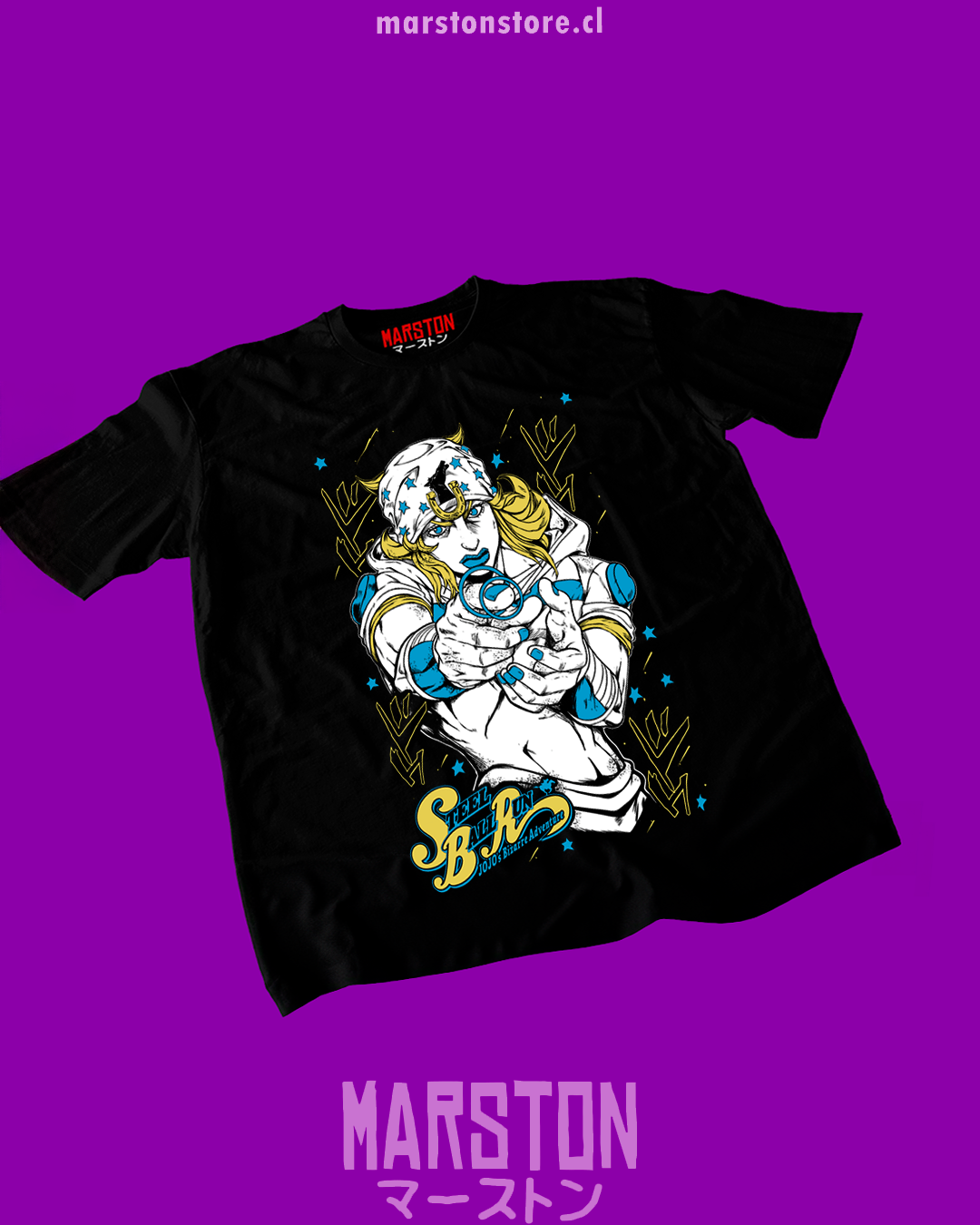 Polera negra de JoJo's Bizarre Adventure con Johnny Joestar