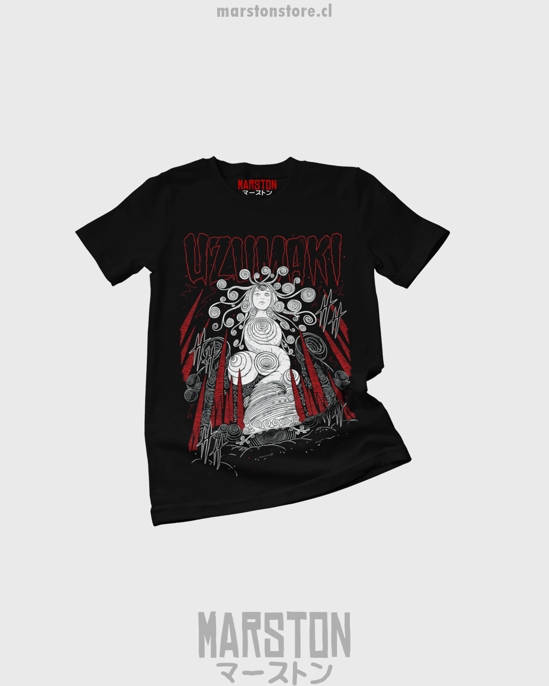 Polera negra de Junji Ito con diseño de Uzumaki