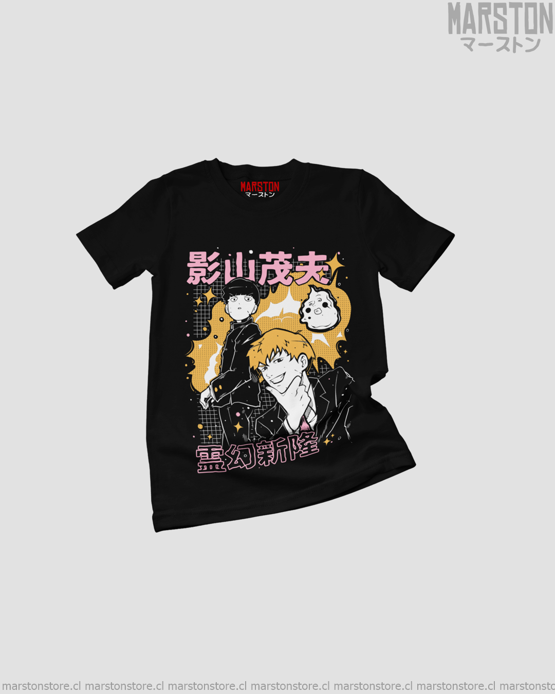 Polera negra de Mob Psycho 100 con diseño anime