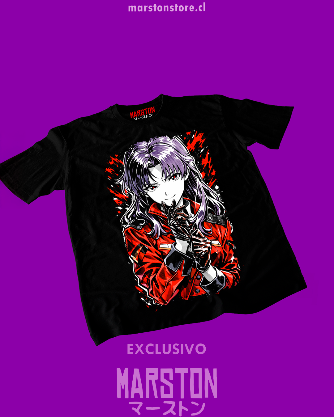 Polera negra Neon Genesis Evangelion con diseño de Misato Katsuragi