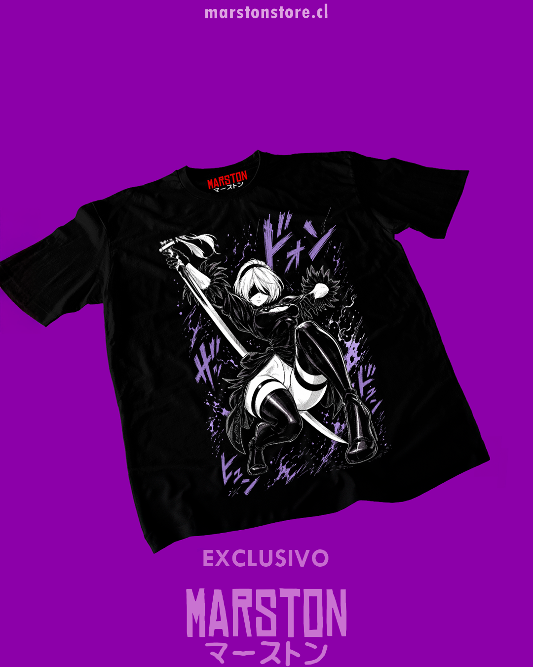 Polera negra NieR: Automata con diseño de 2B