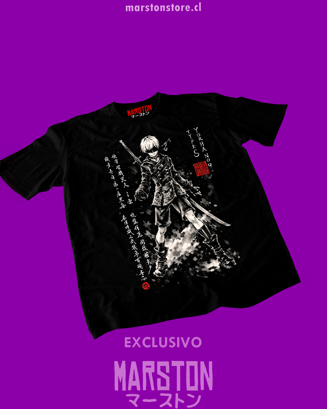 Polera negra NieR: Automata con diseño de 9S