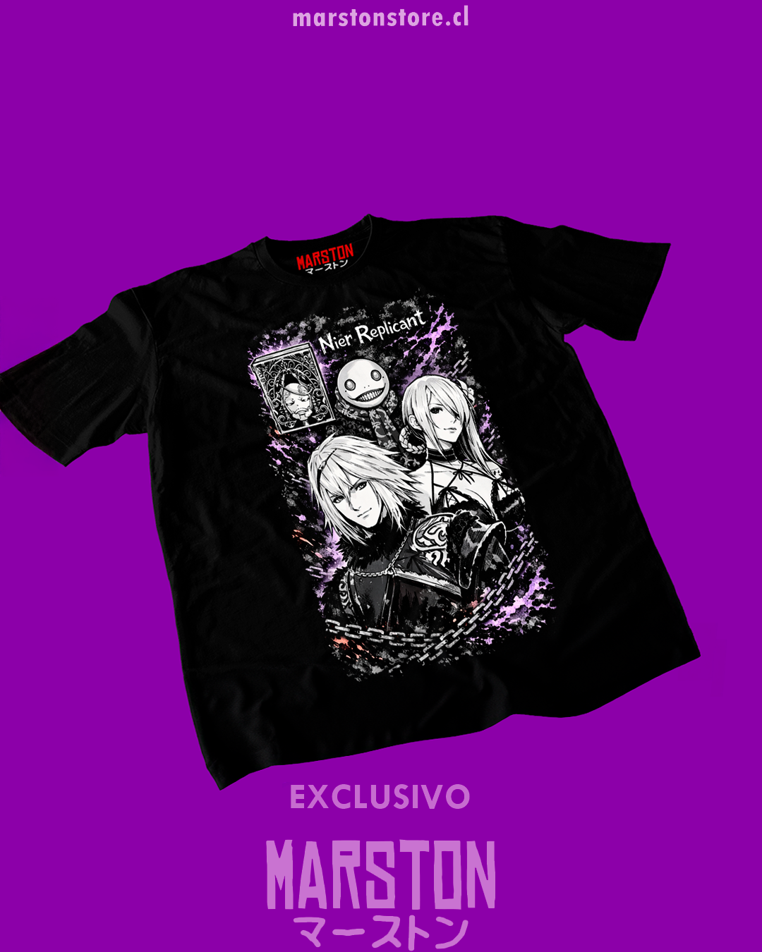 Polera negra NieR Replicant con Emil, Nier, Kainé y Grimoire Weiss