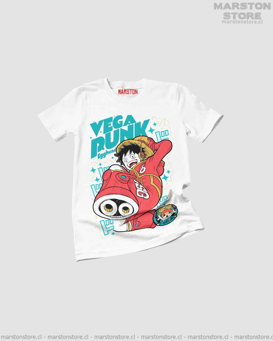 Polera blanca One Piece con Monkey D. Luffy del arco de Egghead