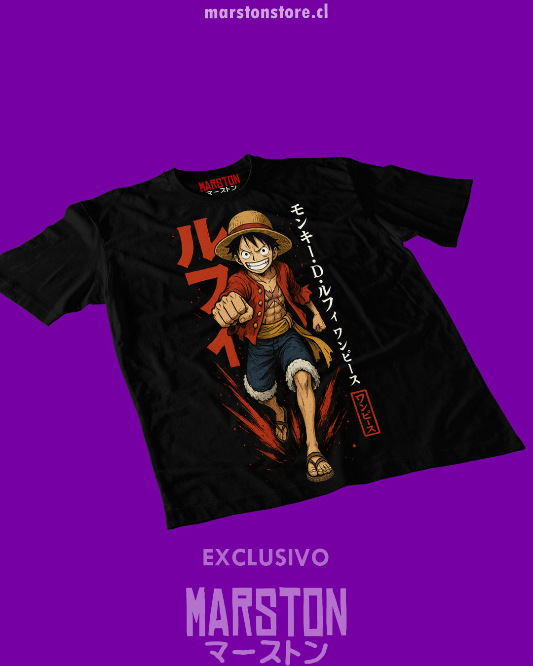 Polera negra One Piece con diseño de Monkey D. Luffy