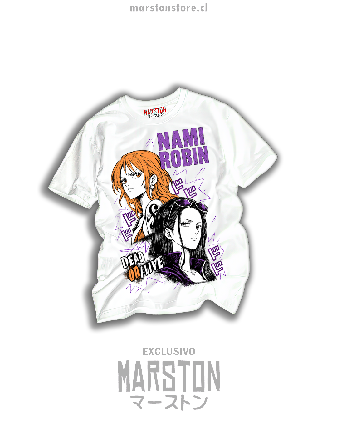 Polera blanca One Piece con Nami y Nico Robin, ilustración manga naranja violeta y texto Dead or Alive