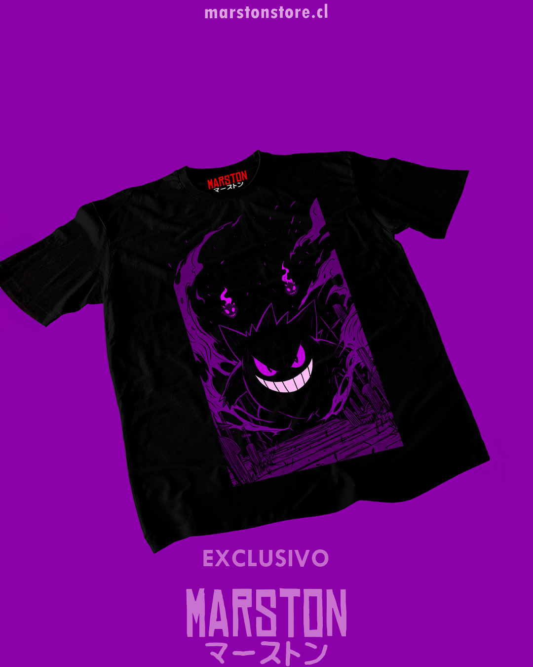 Polera negra Pokémon con Gengar en diseño de cementerio, Pokémon de tipo Fantasma y Veneno