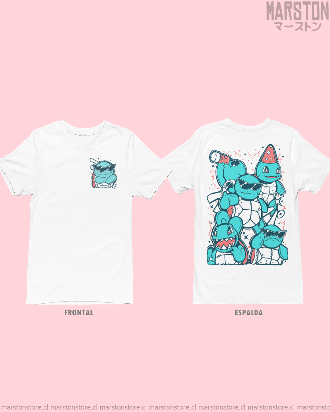 Polera blanca de Pokémon con Squirtle, diseño frontal y espalda