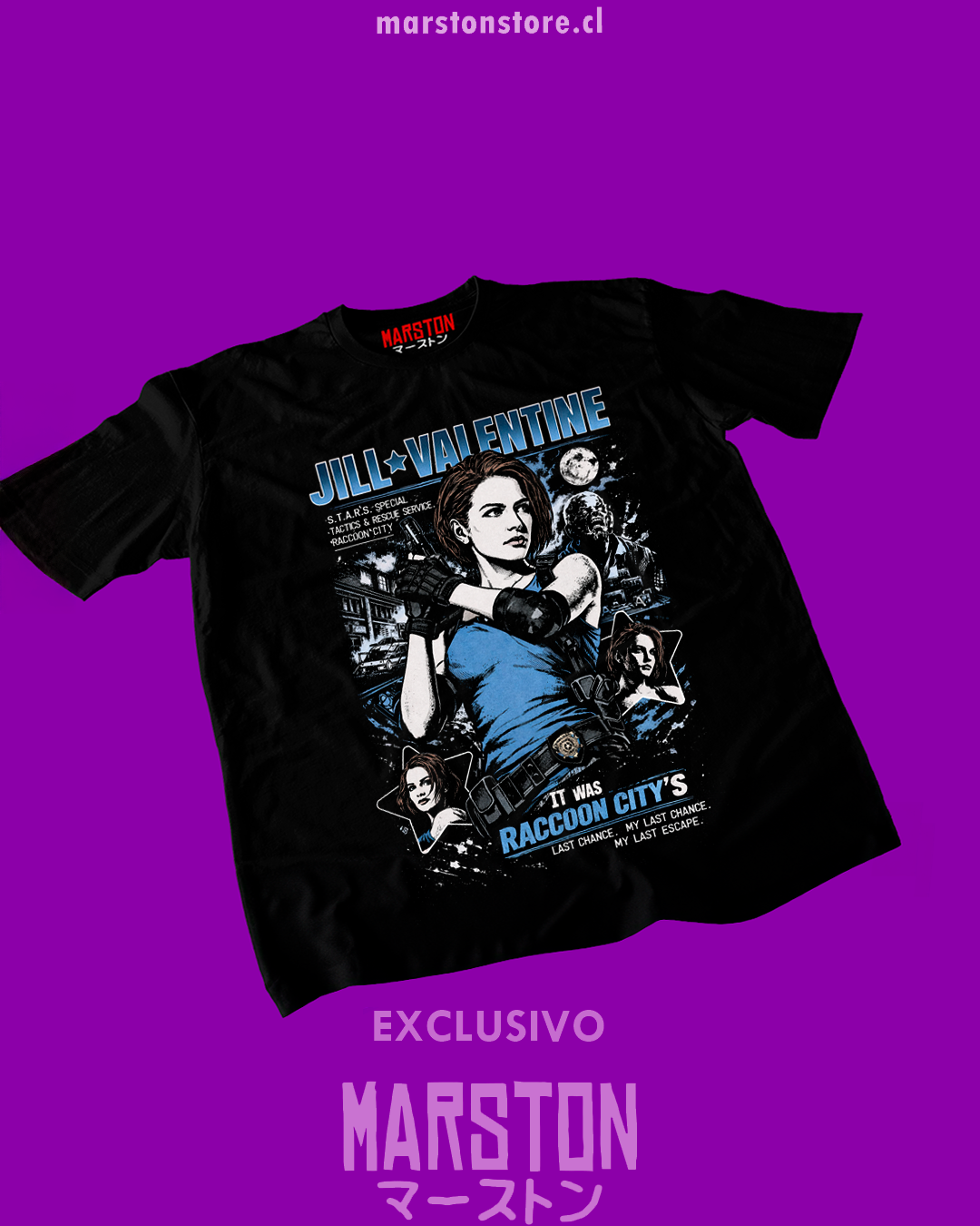 Polera negra Resident Evil 3 con diseño de Jill Valentine