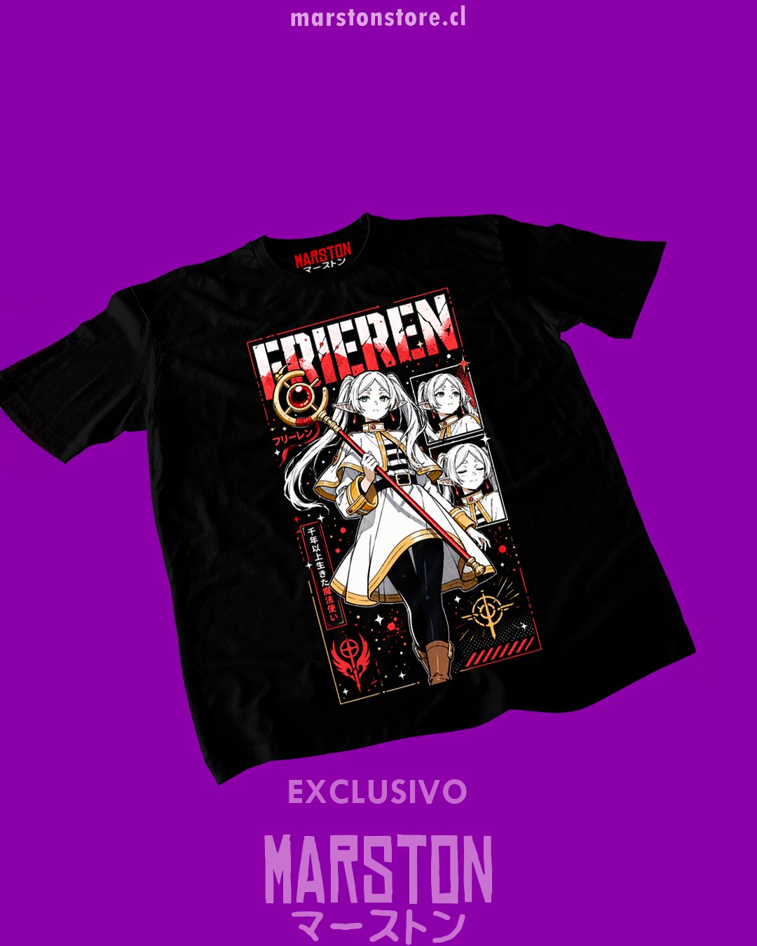Polera negra Sousou no Frieren con diseño inspirado en el anime