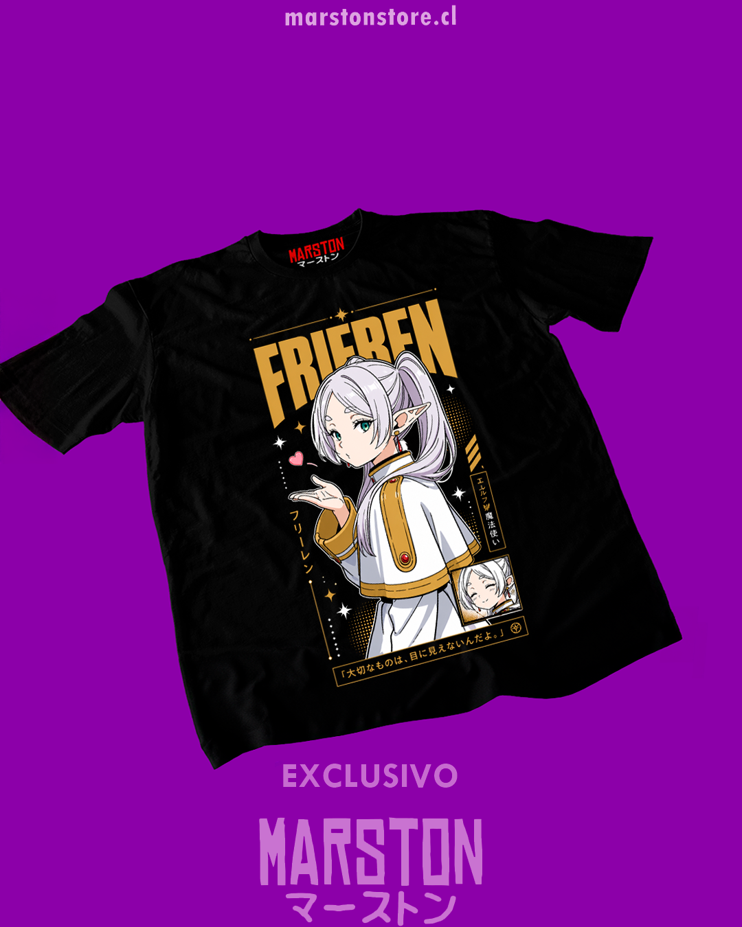 Polera negra Sousou no Frieren con diseño inspirado en el anime