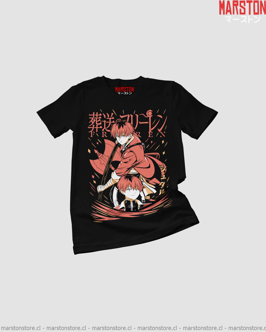 Polera negra Sousou no Frieren con diseño de Stark