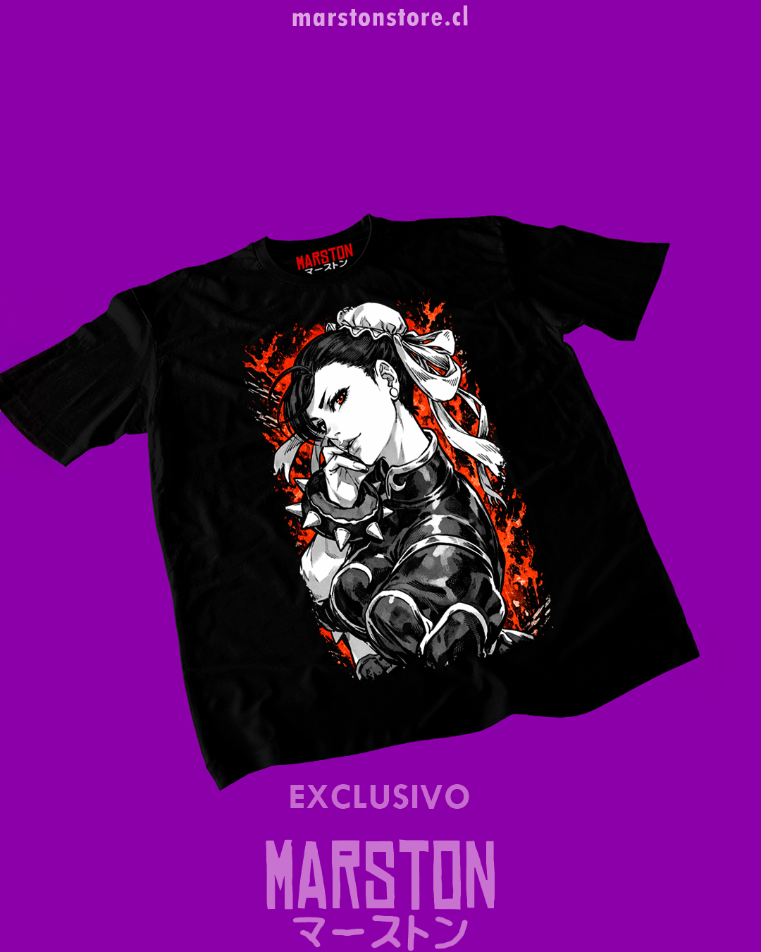 Polera negra Street Fighter con diseño de Chun-Li