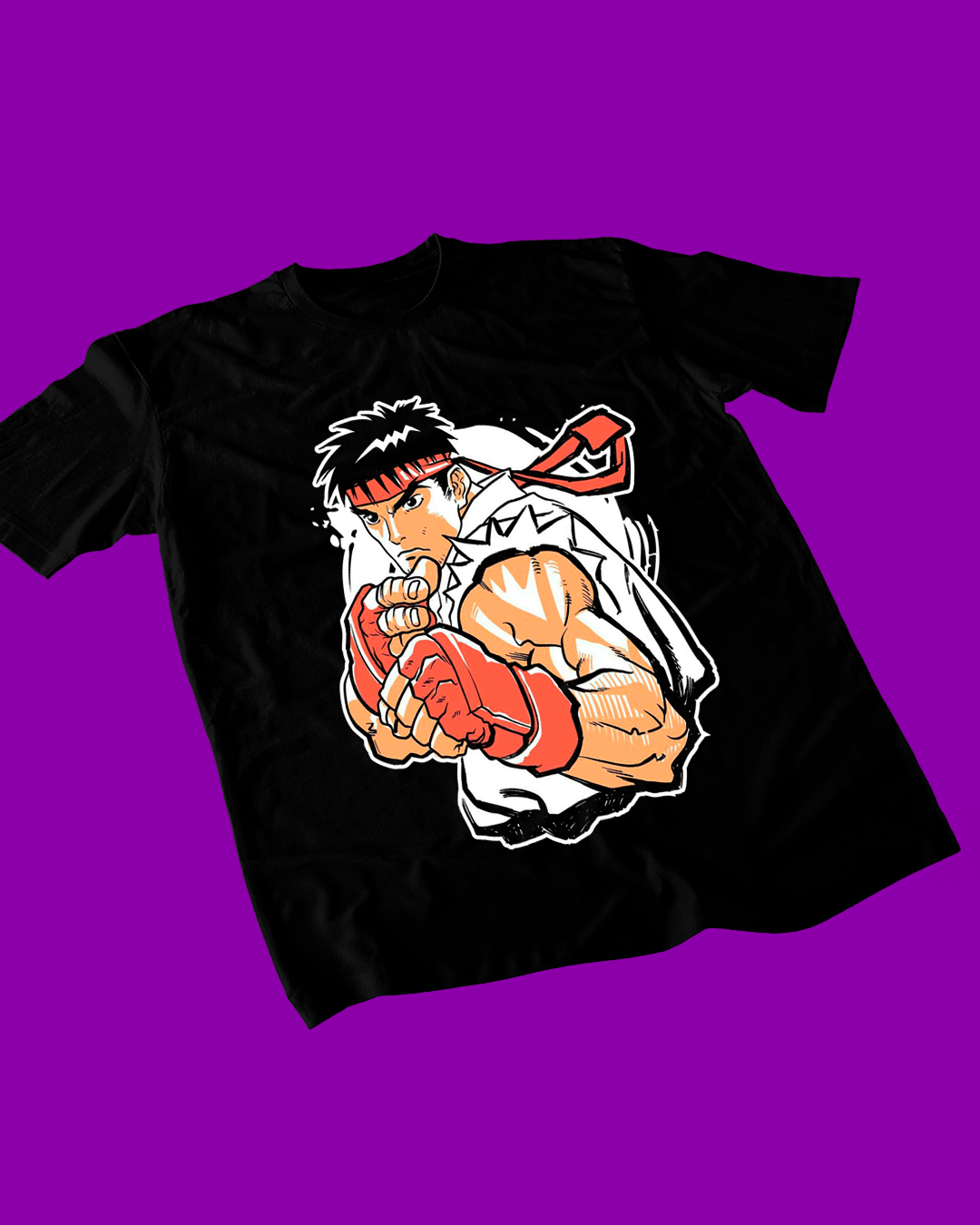 Polera negra Street Fighter con diseño de Ryu
